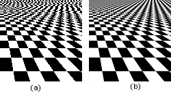 Perspective texture mapping of a checkerboard pattern. (a) Point sampling of the source image; (b) new least-squares solution.